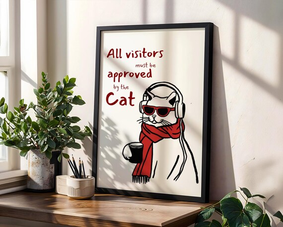 Approved By The Cat Poster Funny Wall Art For Lovers Cool With Headphones Coffee