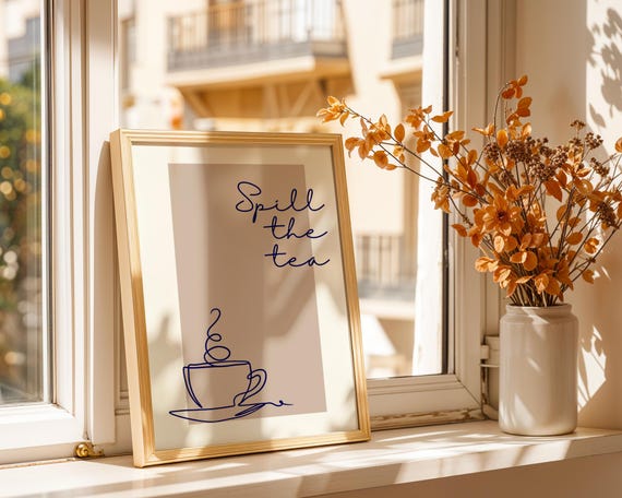 Spill The Tea Wall Art Print Minimalist Line Drawing Coffee Poster Modern For Kitchen Cafe Corner Decor