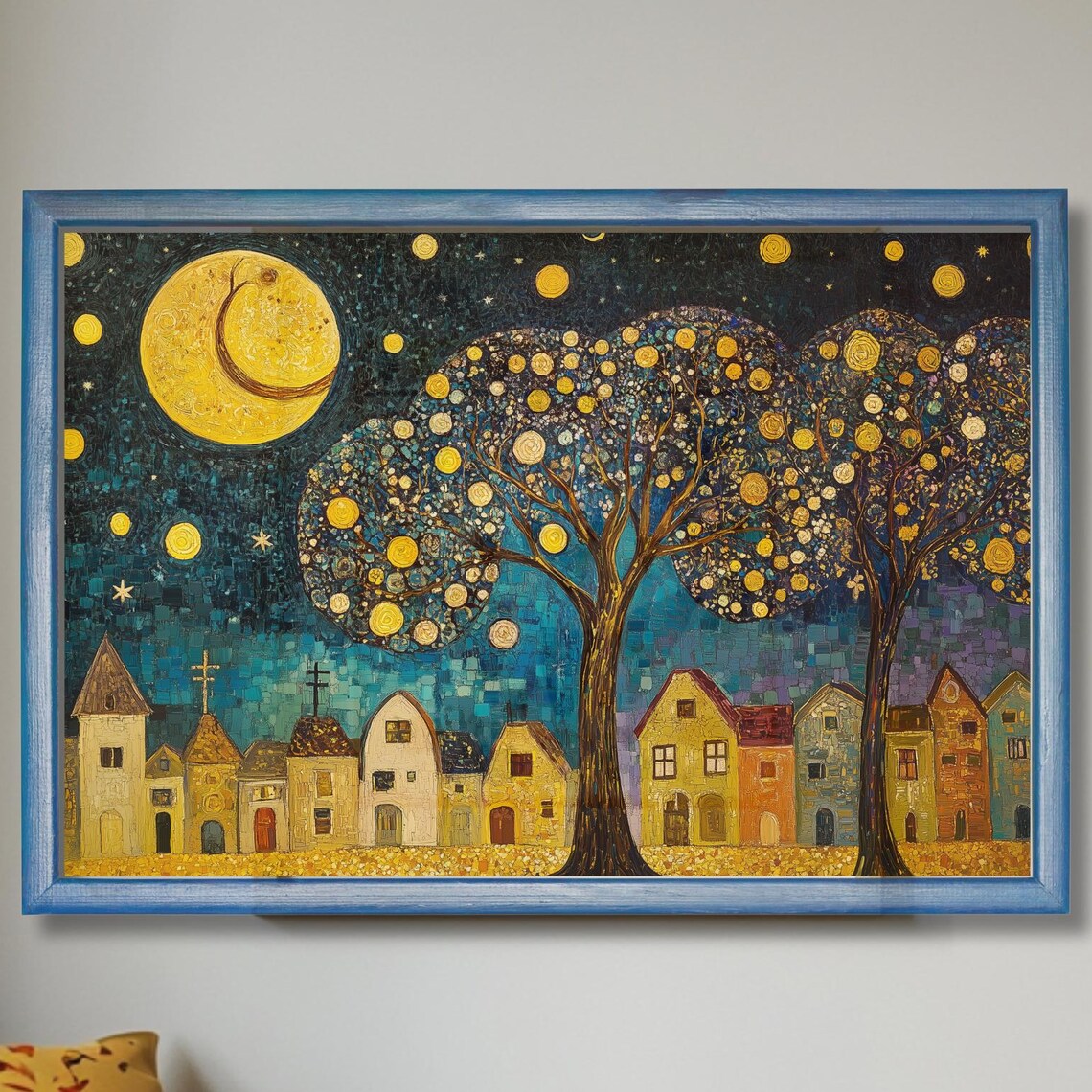 Klimt Inspired Golden Moon Tree of Life Night Village Fantasy Art Poster