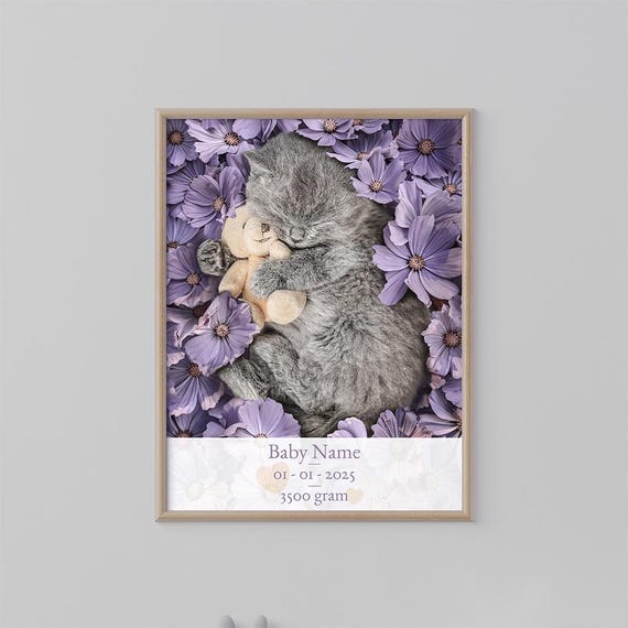 Baby Birth Kitten Poster With Name Stats And Animal Art Nursery Custom Newborn Gift Kids Room Decor Print