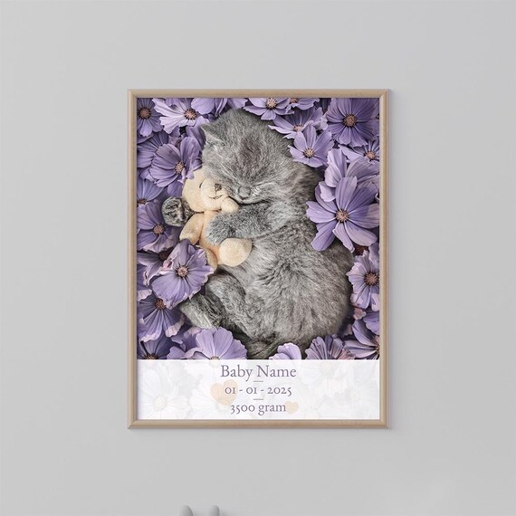 Personalized Sleeping Kitten Purple Floral Birth Stats Wall Art