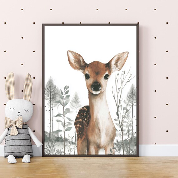 Adorable Baby Deer Watercolor Fawn Woodland Nursery Wall Poster
