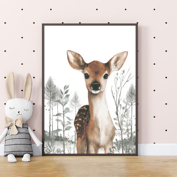 Baby Deer Wall Art Nursery Decor Kids Room Print Shower Gift Birth Forest Illustration