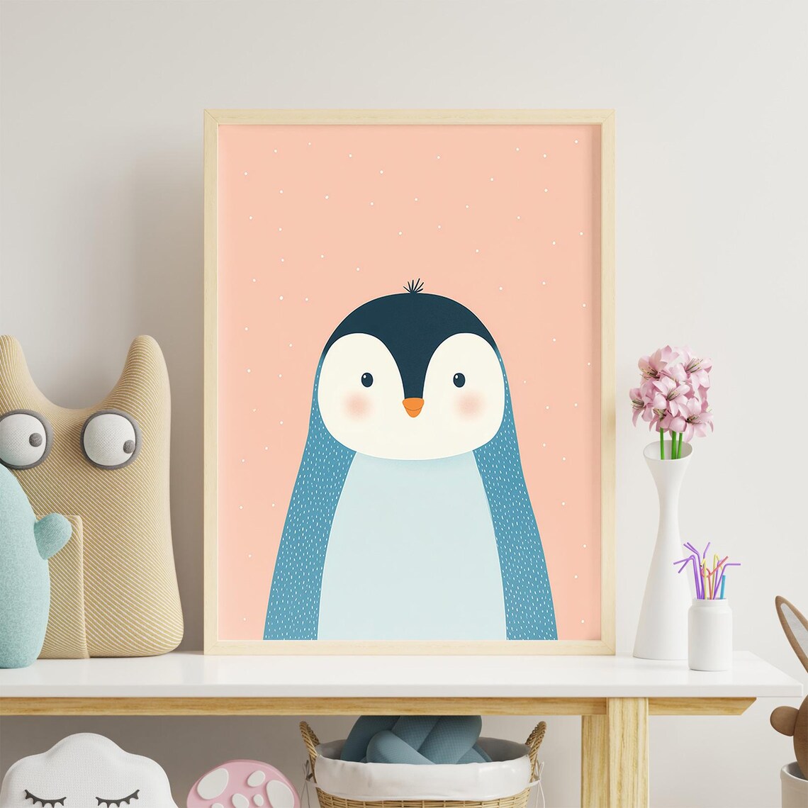Cute Penguin Baby Nursery Wall Art Peach Playful Illustration