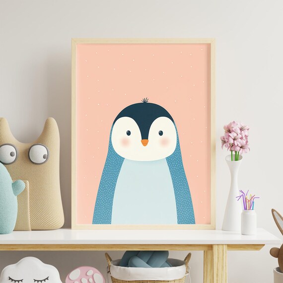 Cute Penguin Baby Nursery Wall Art Peach Playful Illustration
