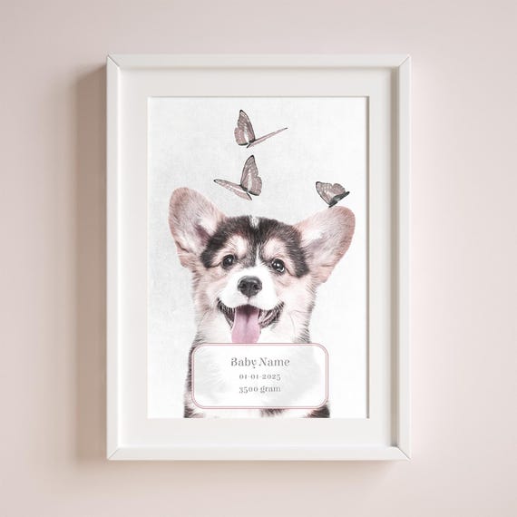 Personalized Baby Name Poster Nursery Wall Art With Cute Puppy And Butterflies Newborn Birth Stats Decor