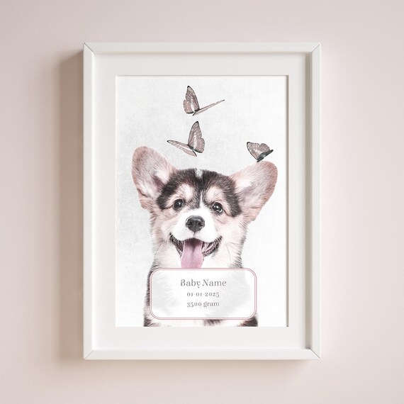 Personalized Puppy Baby Name Birth Stats Poster Cute Corgi Nursery Gift