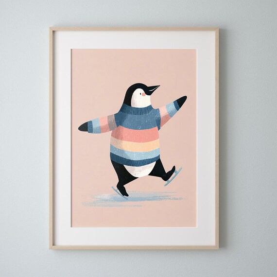 Penguin Ice Skating Nursery Art Poster Striped Sweater Winter Decor