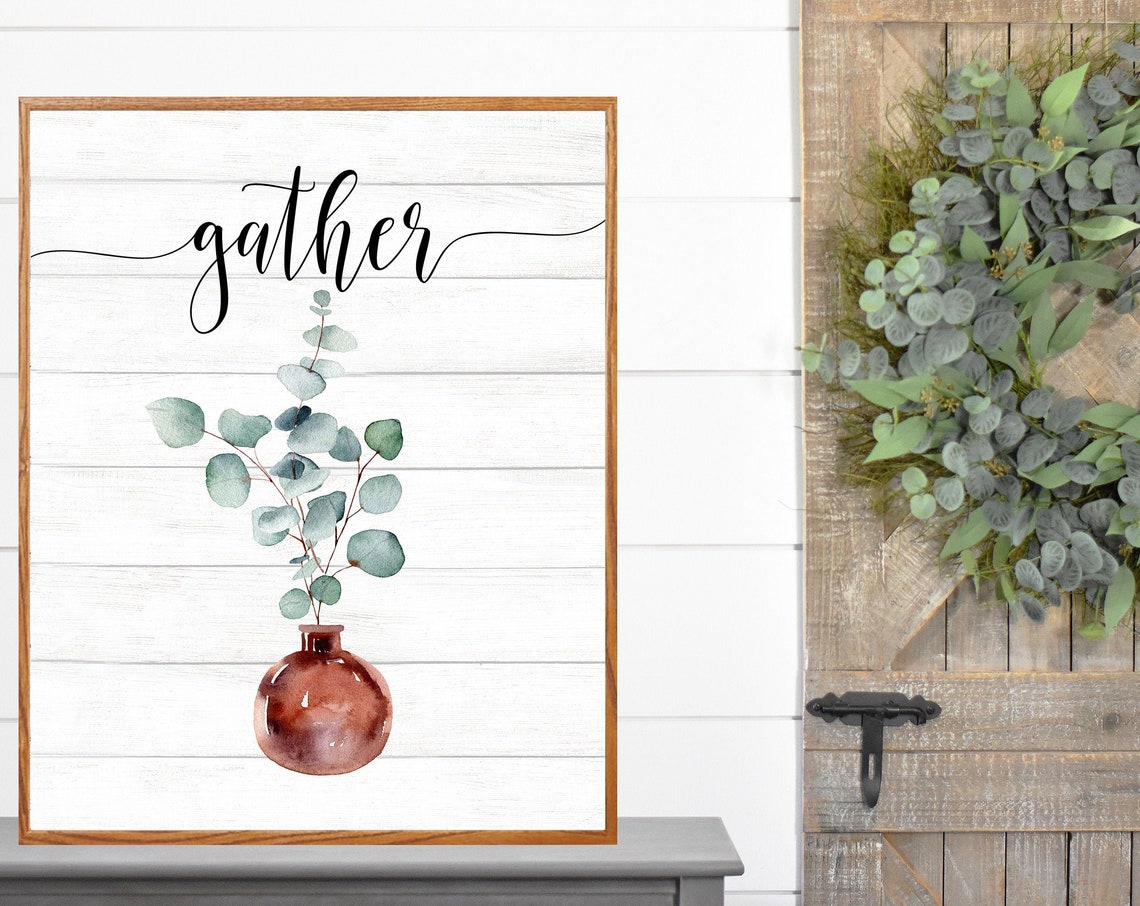 Gather Script with Copper Vase and Eucalyptus Shiplap Poster