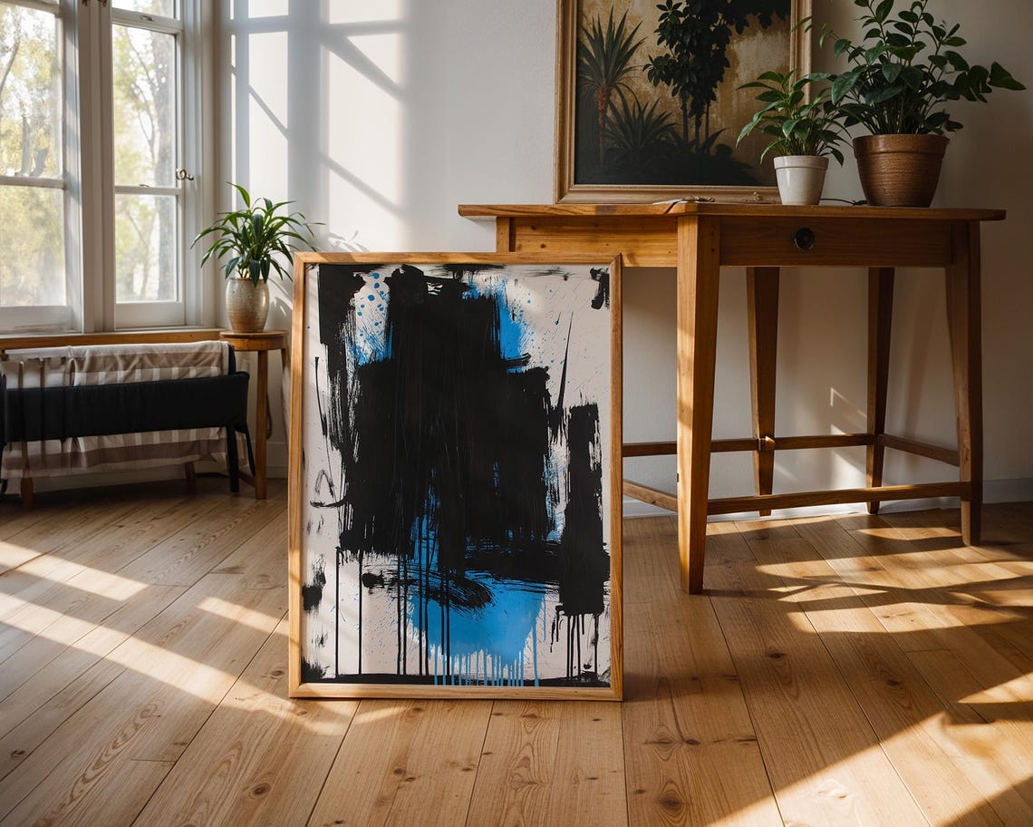 Abstract Black Blue White Brushstroke Modern Painting Poster - Image 2