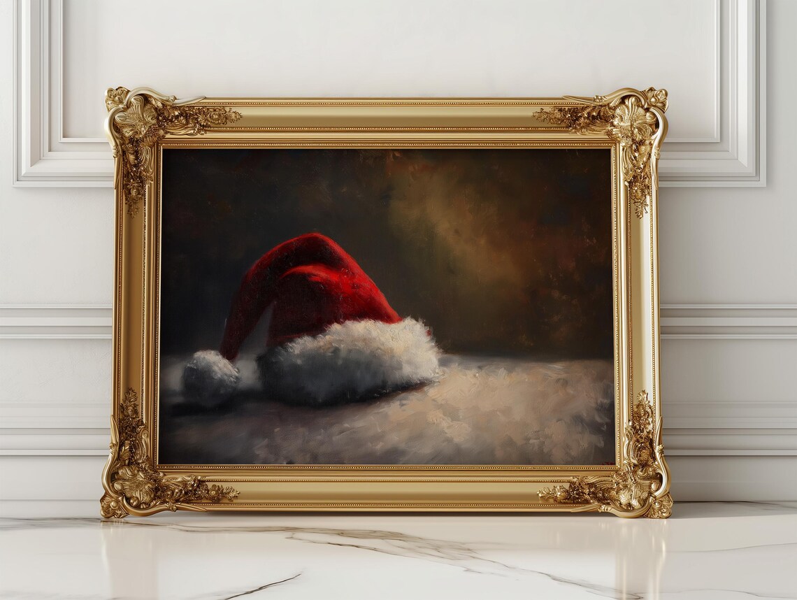 Vintage Red Santa Hat Still Life Dark Christmas Painting Poster - Image 3