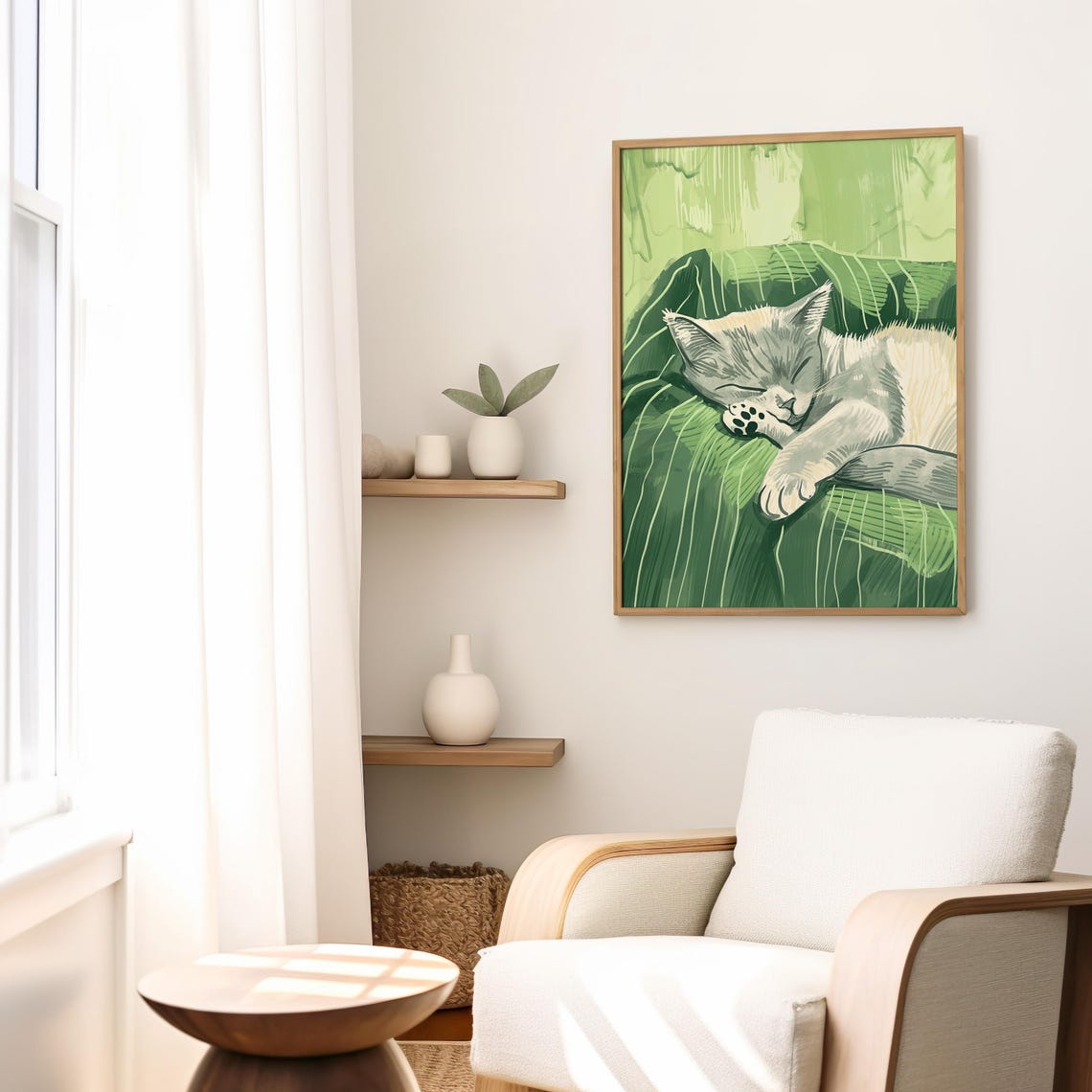 Sleeping Gray Tabby Cat On Green Striped Blanket Decor Poster - Image 3
