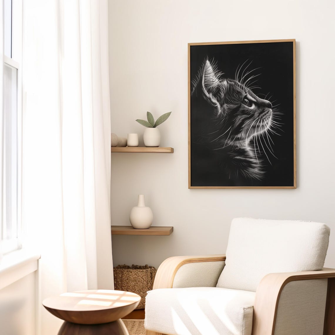 Tabby Cat Looking Up Black Background Monochrome Portrait Poster - Image 3