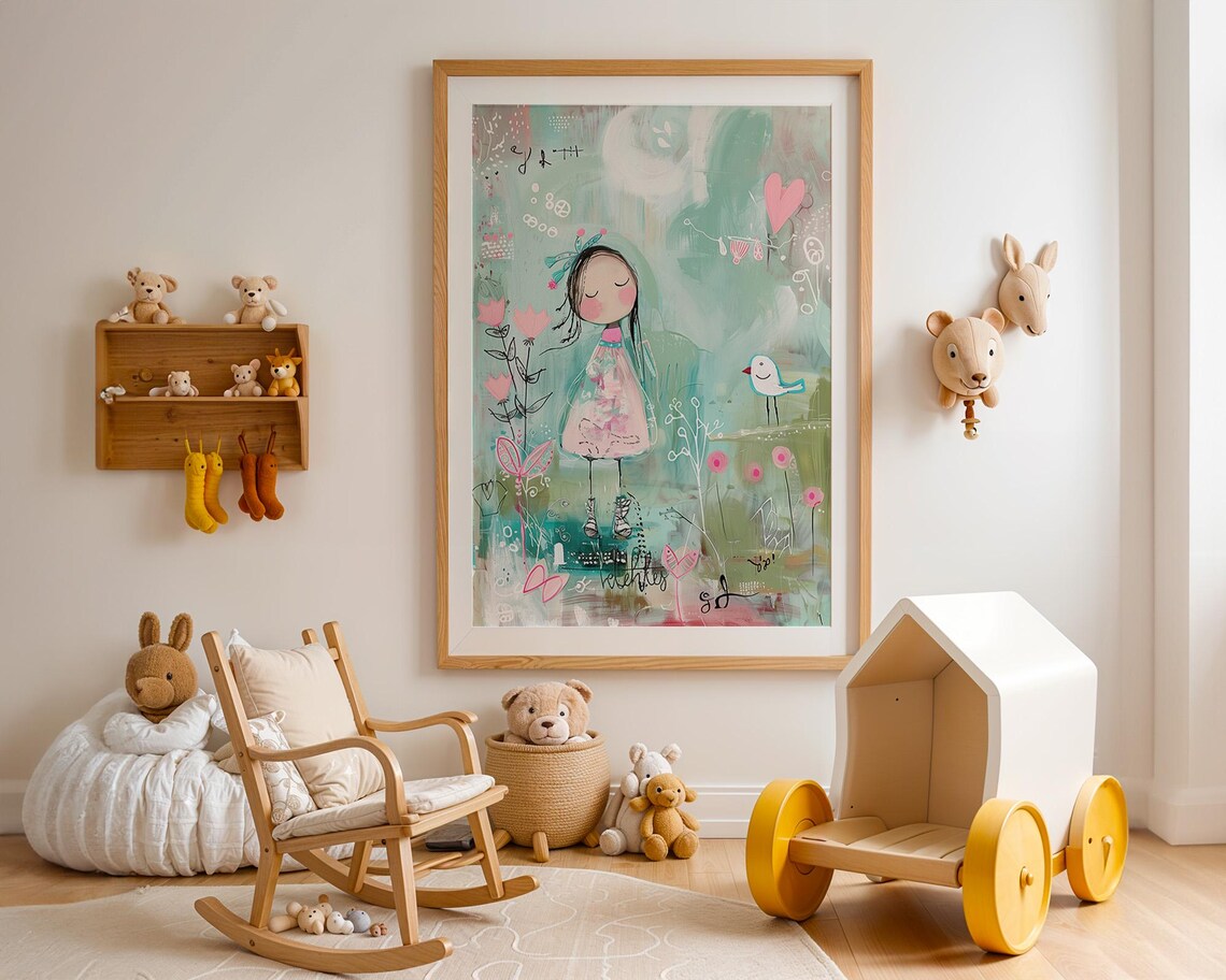 Whimsical Nursery Girl in Pink Dress with Flowers and Bird Poster - Image 3