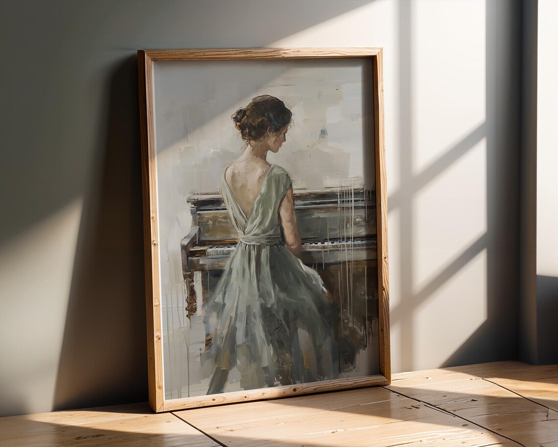 Graceful Woman In Sage Green Dress Beside Piano Painting Poster - Image 2