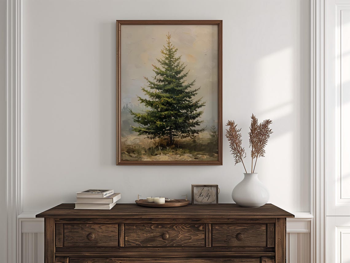 Lone Evergreen Pine Tree Misty Vintage Forest Landscape Poster - Image 3