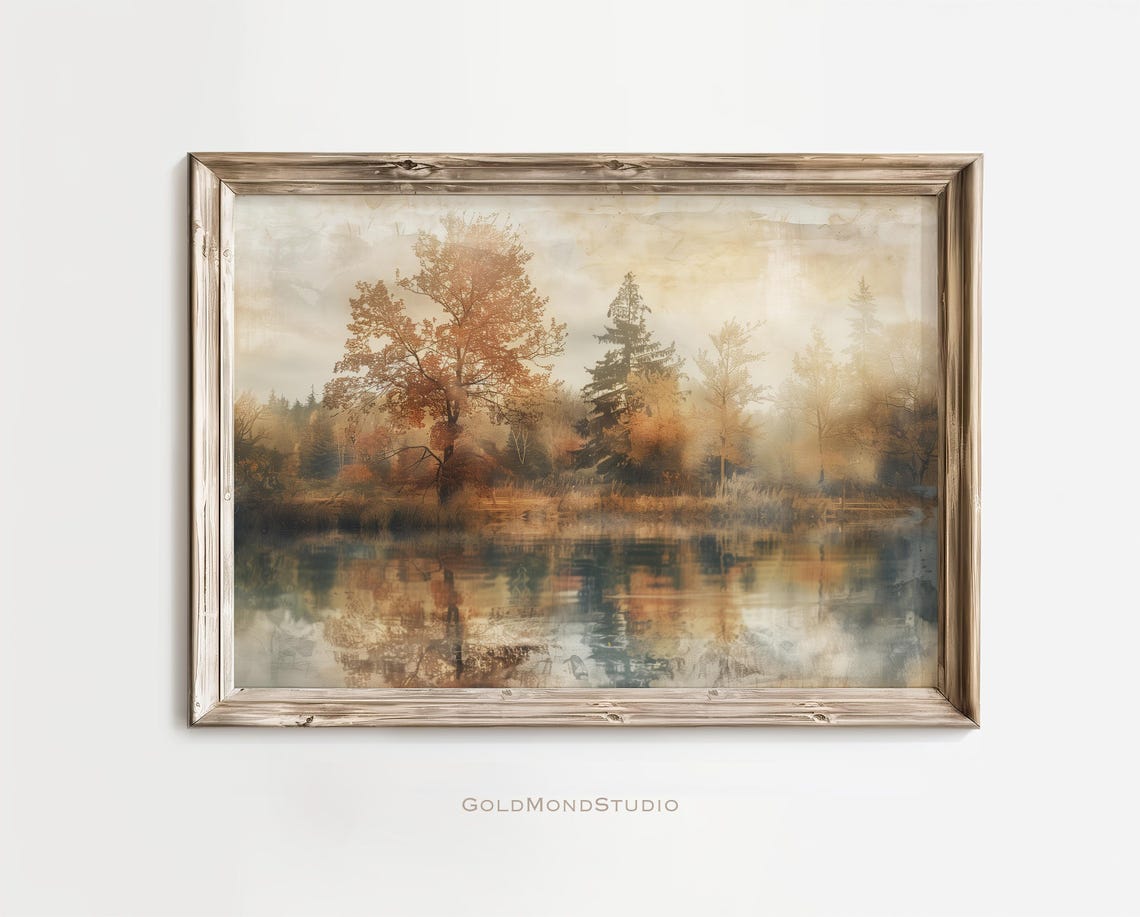 Autumn Lake Golden Trees Reflection Vintage Landscape Poster