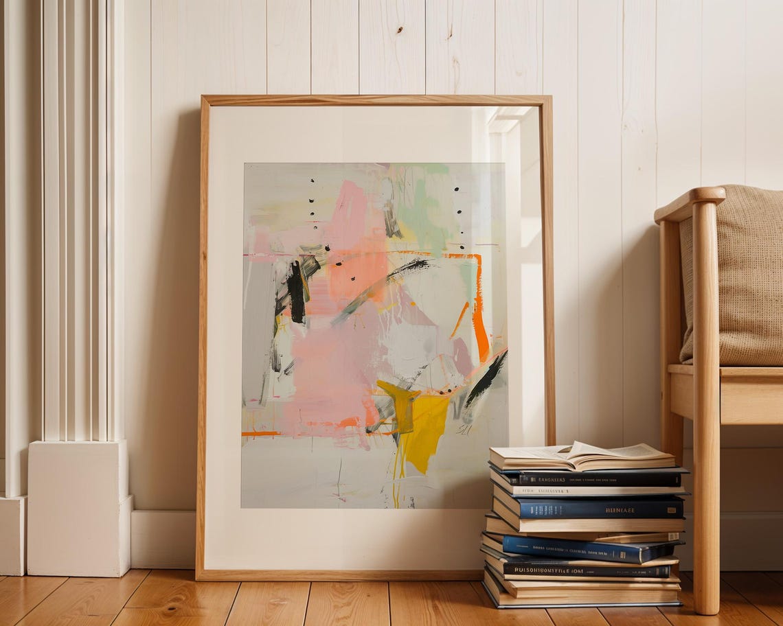 Pastel Pink Orange Black Abstract Brushstroke Modern Art Poster - Image 2