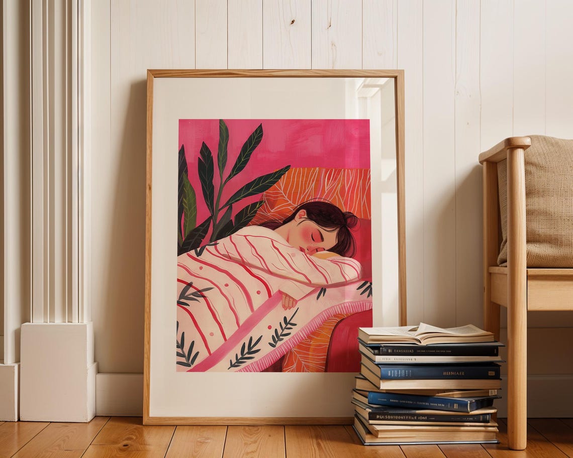Sleeping Woman In Pink Striped Pajamas Leafy Botanical Poster - Image 2