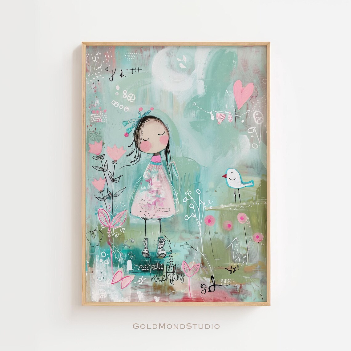 Whimsical Nursery Girl in Pink Dress with Flowers and Bird Poster