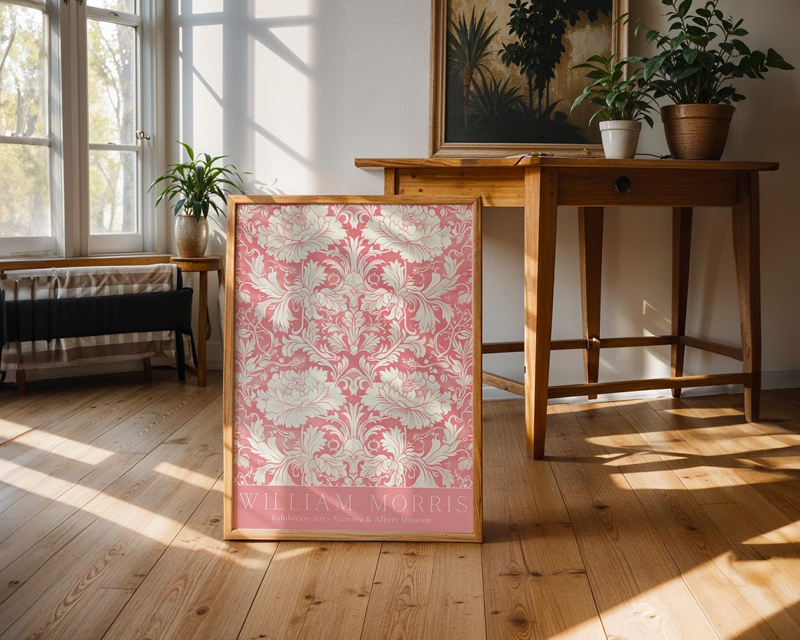 William Morris Pink Peony White Damask V&A Exhibition Art Poster - Image 3