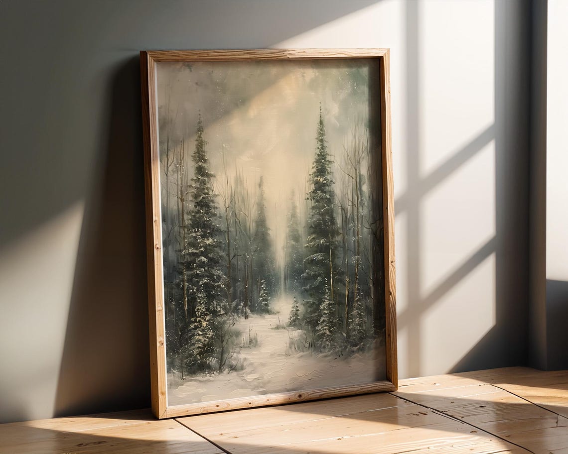Serene Misty Winter Pine Forest With Snowy Path Painting Poster - Image 2