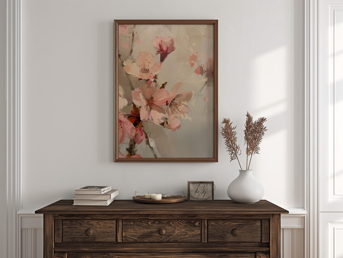 Pink Cherry Blossom Close-Up Vintage Style Oil Painting Poster - Image 3