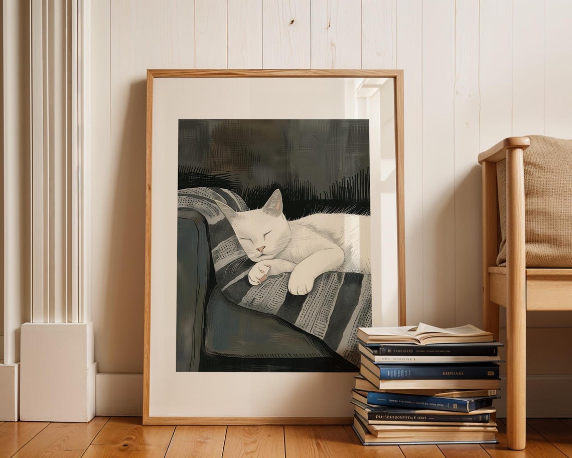 Sleeping White Cat On Dark Gray Striped Armchair Decor Poster - Image 3