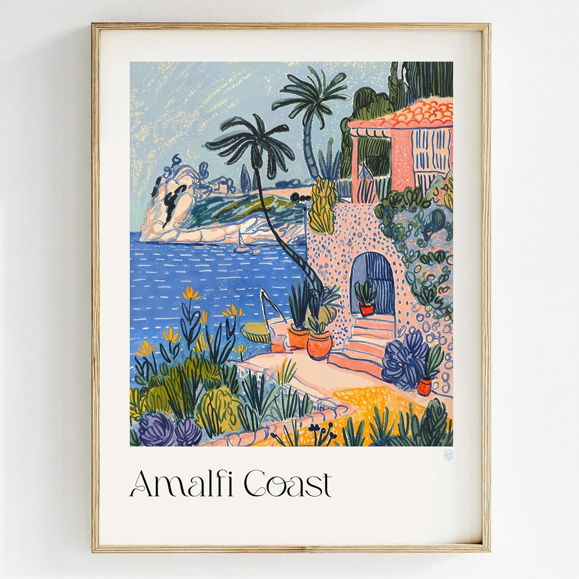 Sunny Amalfi Coast Villa Coastal Watercolor Italy Travel Poster