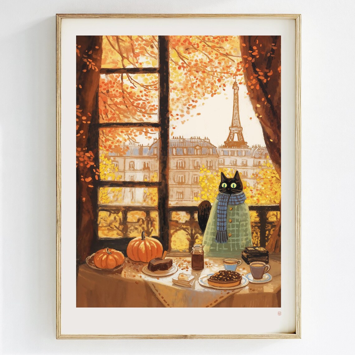 Fall Parisian Cat Art Print, Whimsical Watercolor