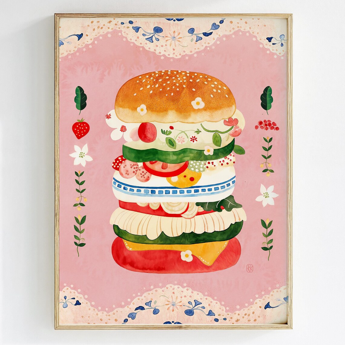 Watercolor Burger Coquette Bakery Cafe Art Print
