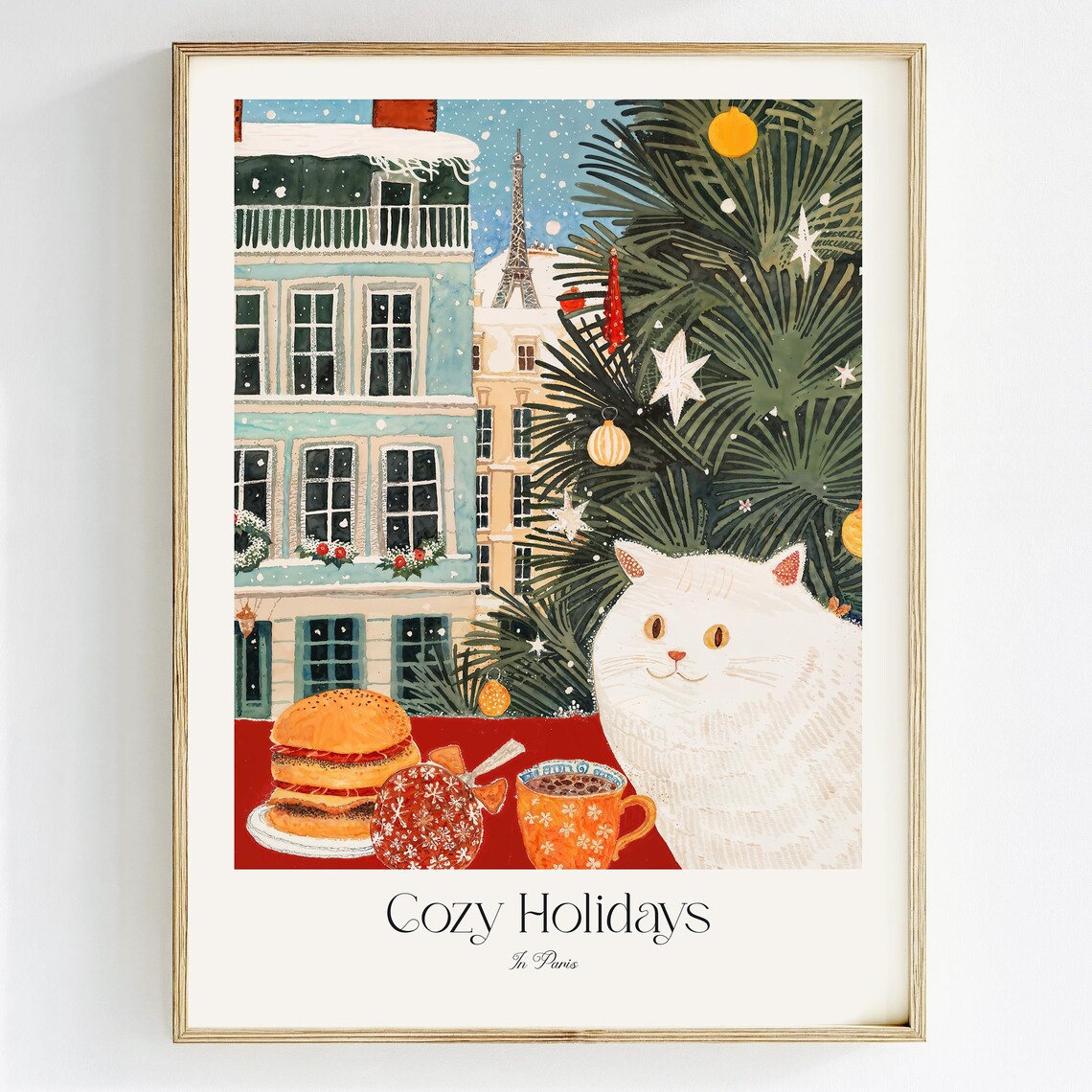Cozy Holidays in Paris White Cat Christmas Watercolor Art Print
