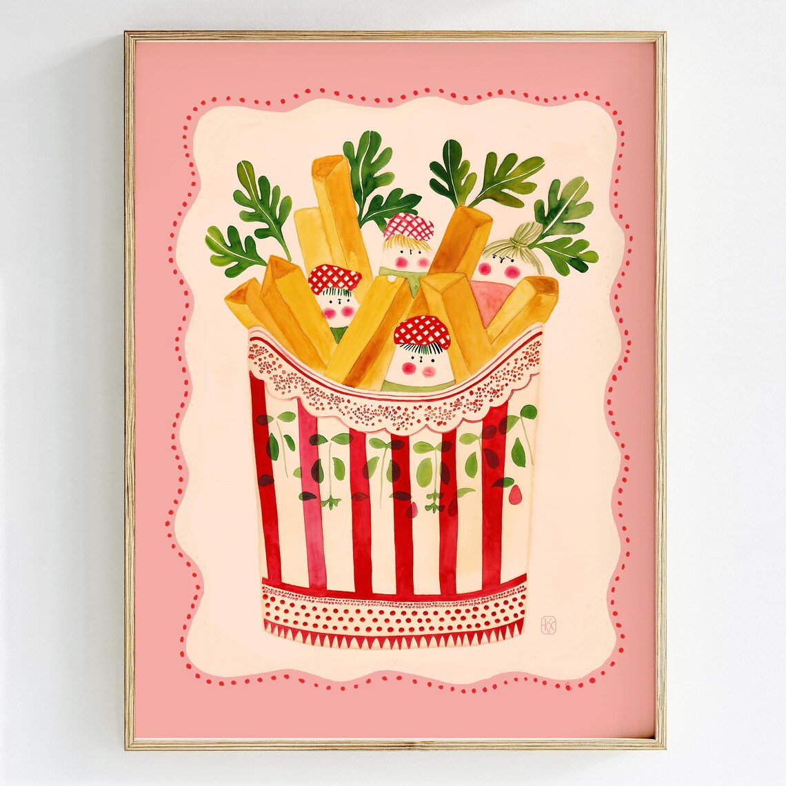 Cute Smiling French Fries In Striped Cup Watercolor Food Art Poster
