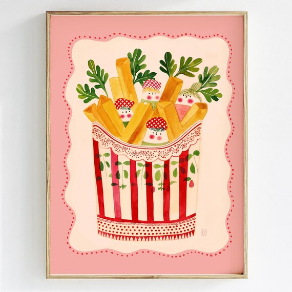 Cute Smiling French Fries In Striped Cup Watercolor Food Art Poster