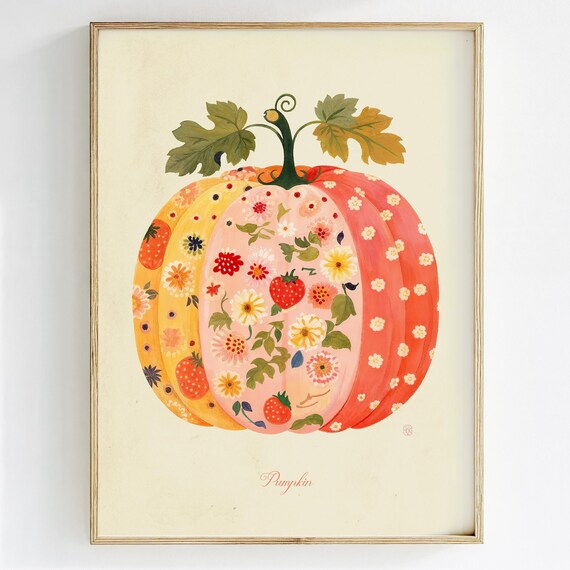 Floral Watercolor Pumpkin Blush Pink Autumn Harvest Art Print