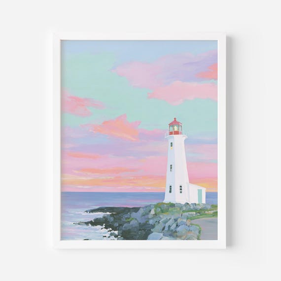 Pastel Lighthouse Print Coastal Wall Art With Sunset Sky Mint Pink Ocean Decor