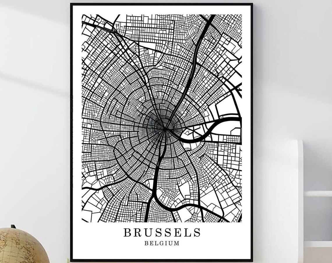 Brussels Belgium Minimalist Black White Street Map Art Poster