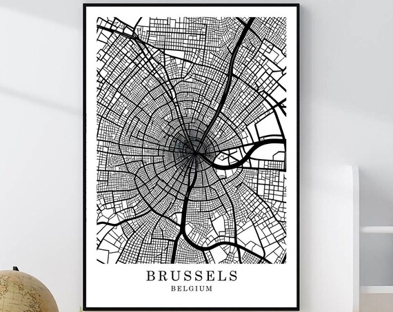 Brussels Belgium Minimalist Black White Street Map Art Poster