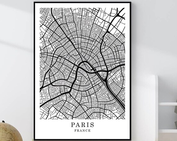 Paris France Minimalist Black White City Street Map Art Poster