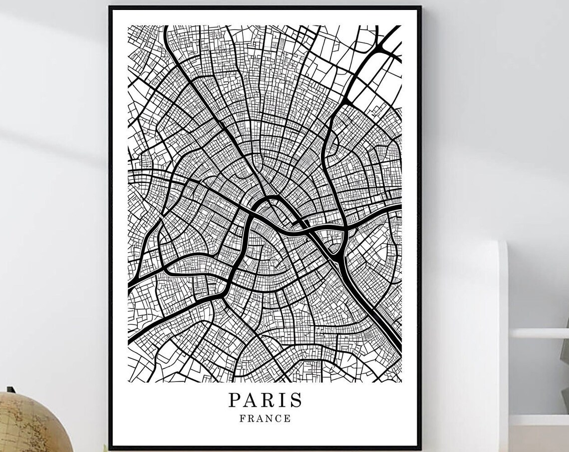 Paris France Minimalist Black White City Street Map Art Poster