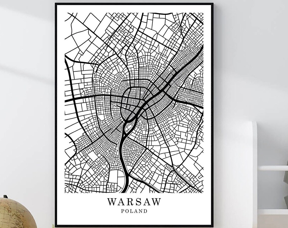 Warsaw Poland Minimalist Black White City Street Map Art Poster