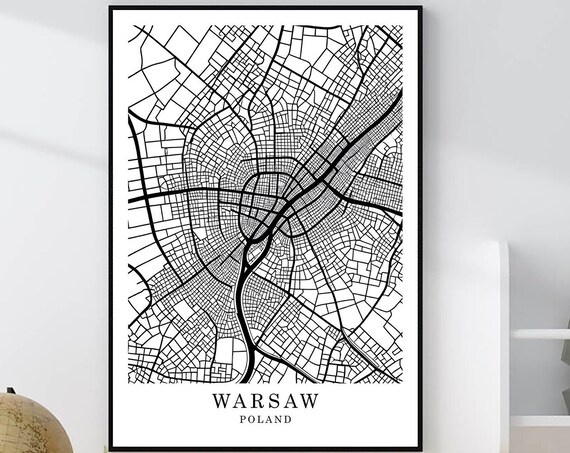 Warsaw Poland Minimalist Black White City Street Map Art Poster