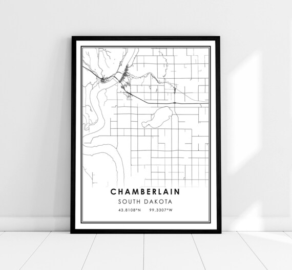 Chamberlain South Dakota Minimalist Black and White Map Wall Print