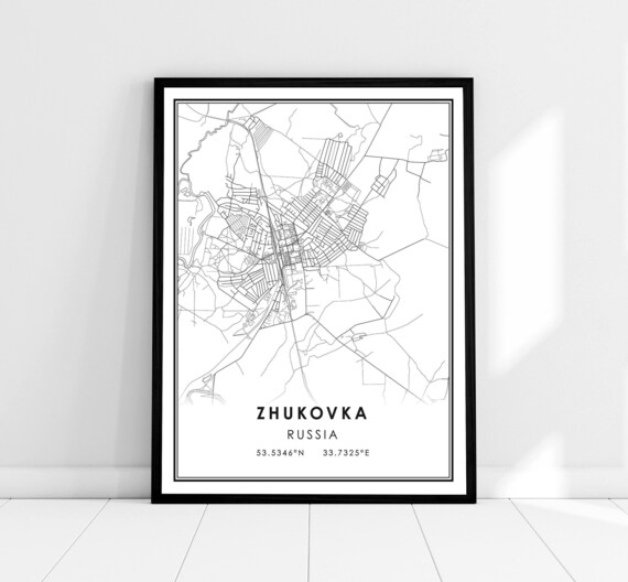 Zhukovka Russia Minimalist City Street Map Black White Wall Art