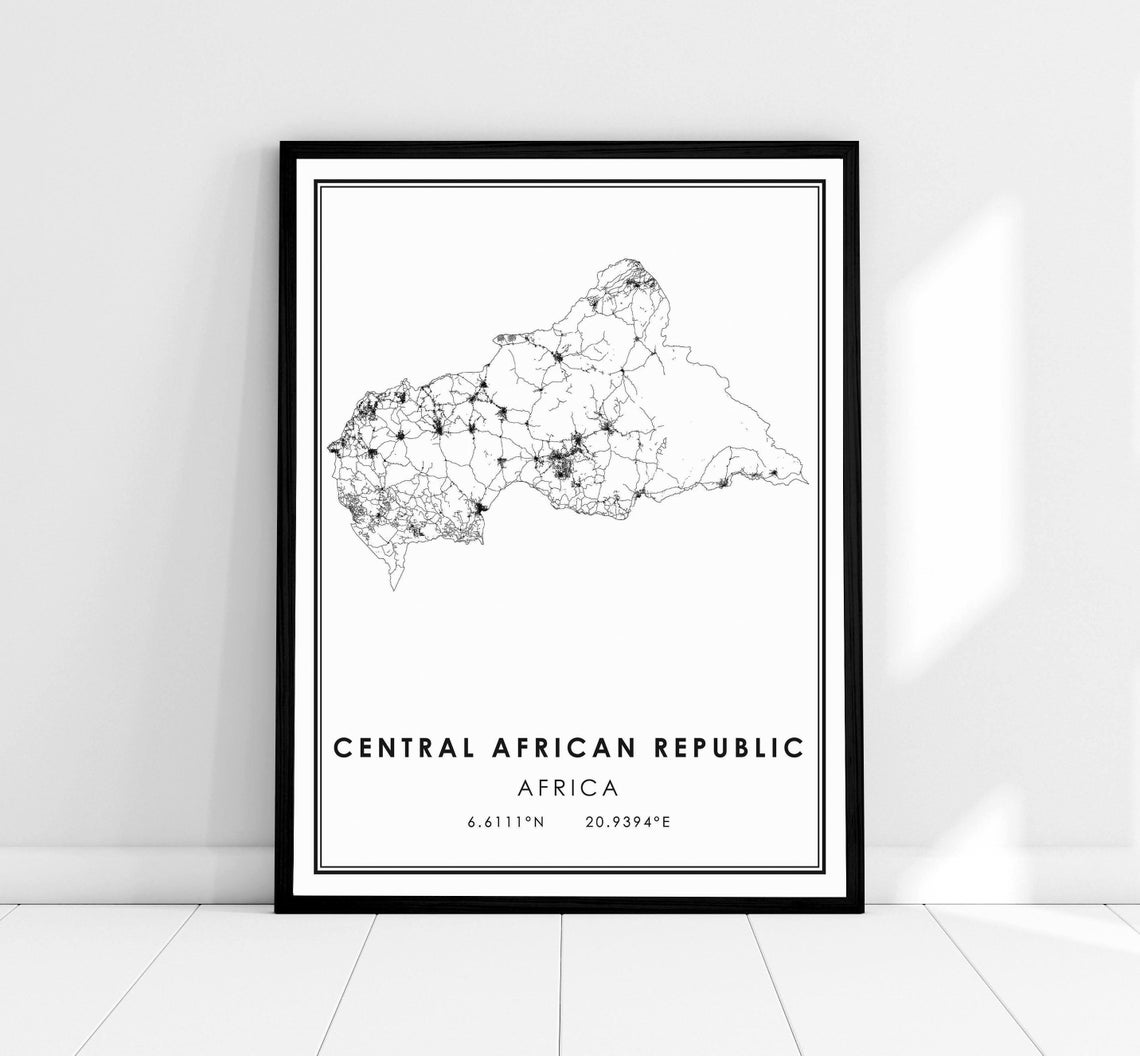Central African Republic Country Outline Map Coordinates Art Poster