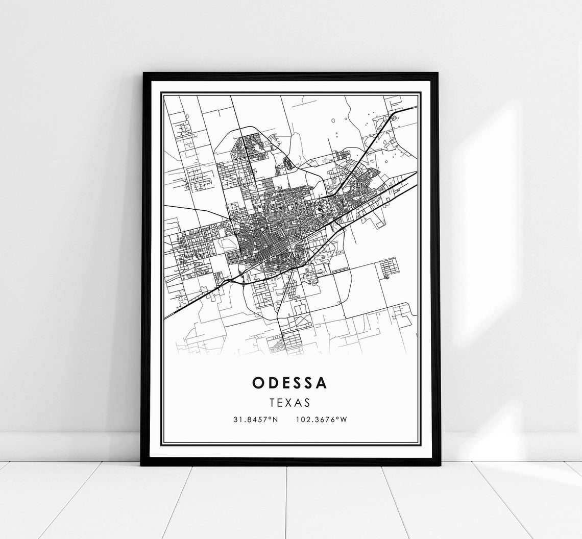 Odessa Texas Minimalist Black And White Street Map City Poster