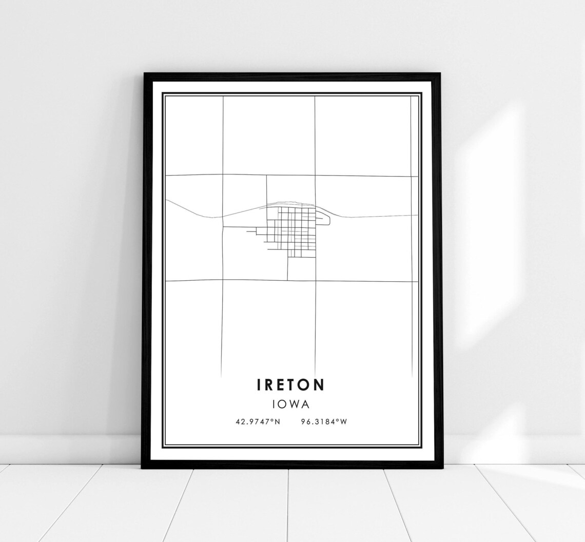 Ireton Iowa Minimalist City Street Map Coordinates Black White Print