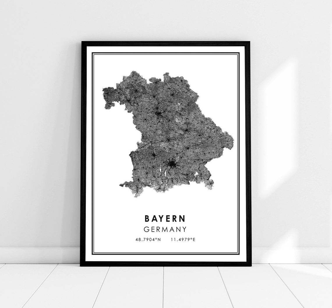 Bayern Bavaria Germany Region Silhouette Map Coordinate Art Poster