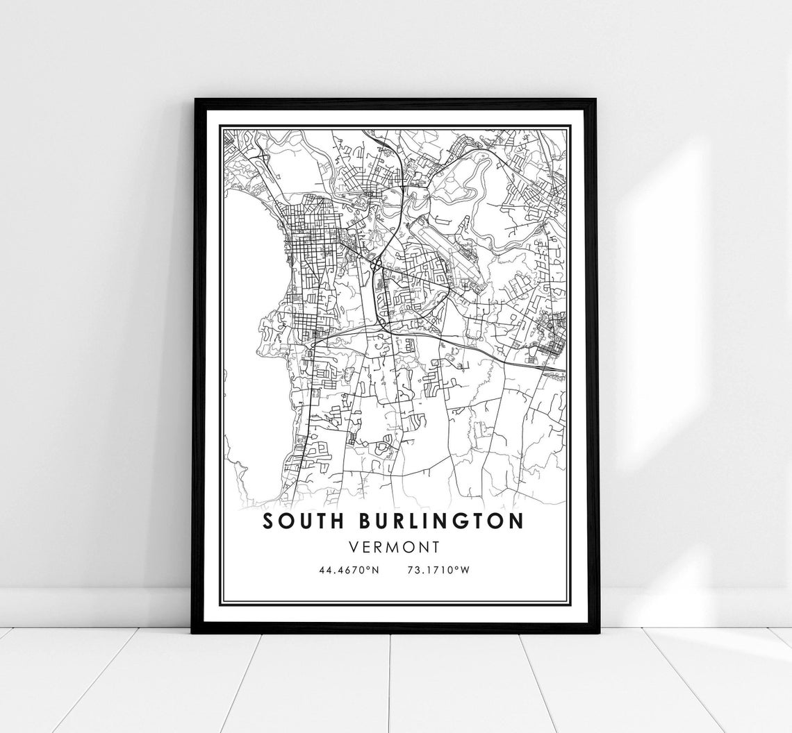 South Burlington Vermont Minimalist Black and White Map Poster