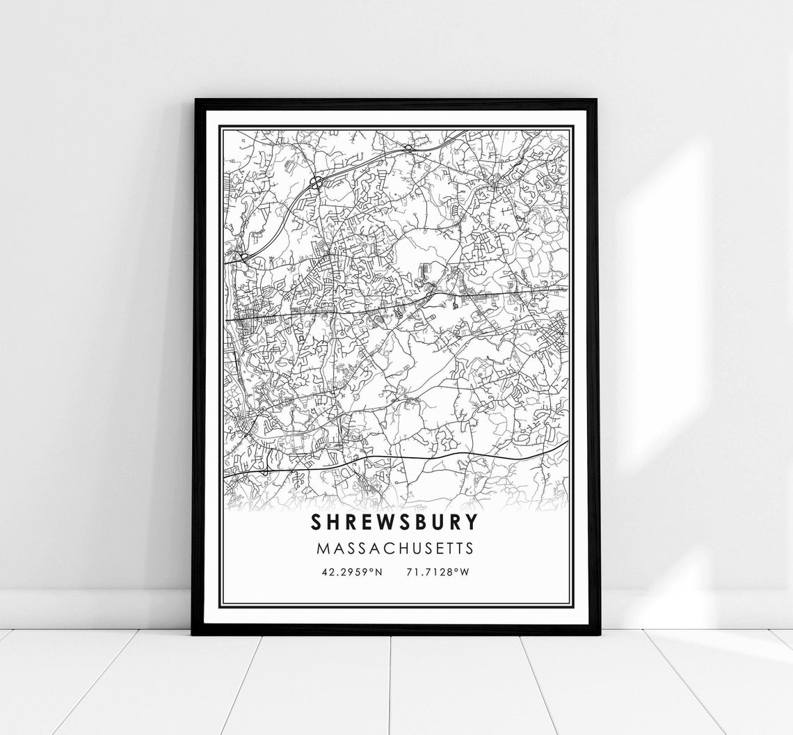 Shrewsbury Massachusetts Minimalist Black White City Map Poster